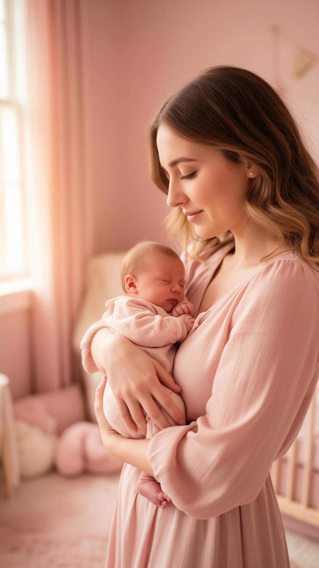 Mother holding newborn baby in soft pastel nursery